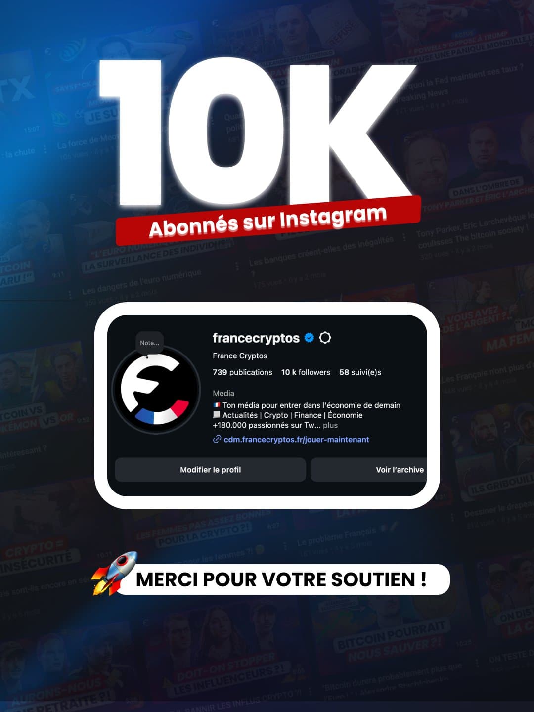 France Cryptos dépasse les 10 000 abonnés sur Instagram, avec +7 500 depuis avril 2026
