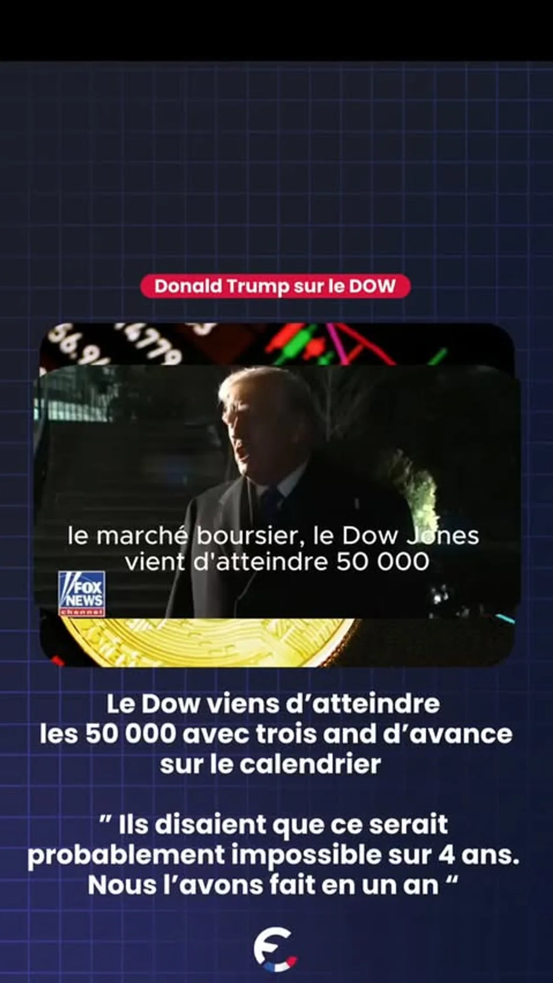 🚨🇺🇸 Donald Trump annonce que le Dow vient d’atteindre les 50 000, avec trois