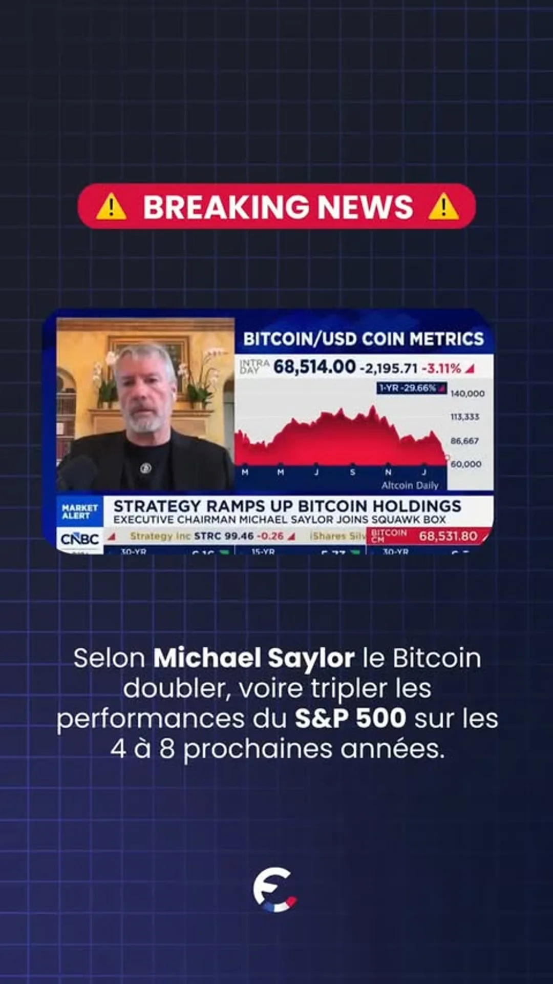 🚨Selon Michael Saylor CEO de Strategy le Bitcoin devrait doubler, voire