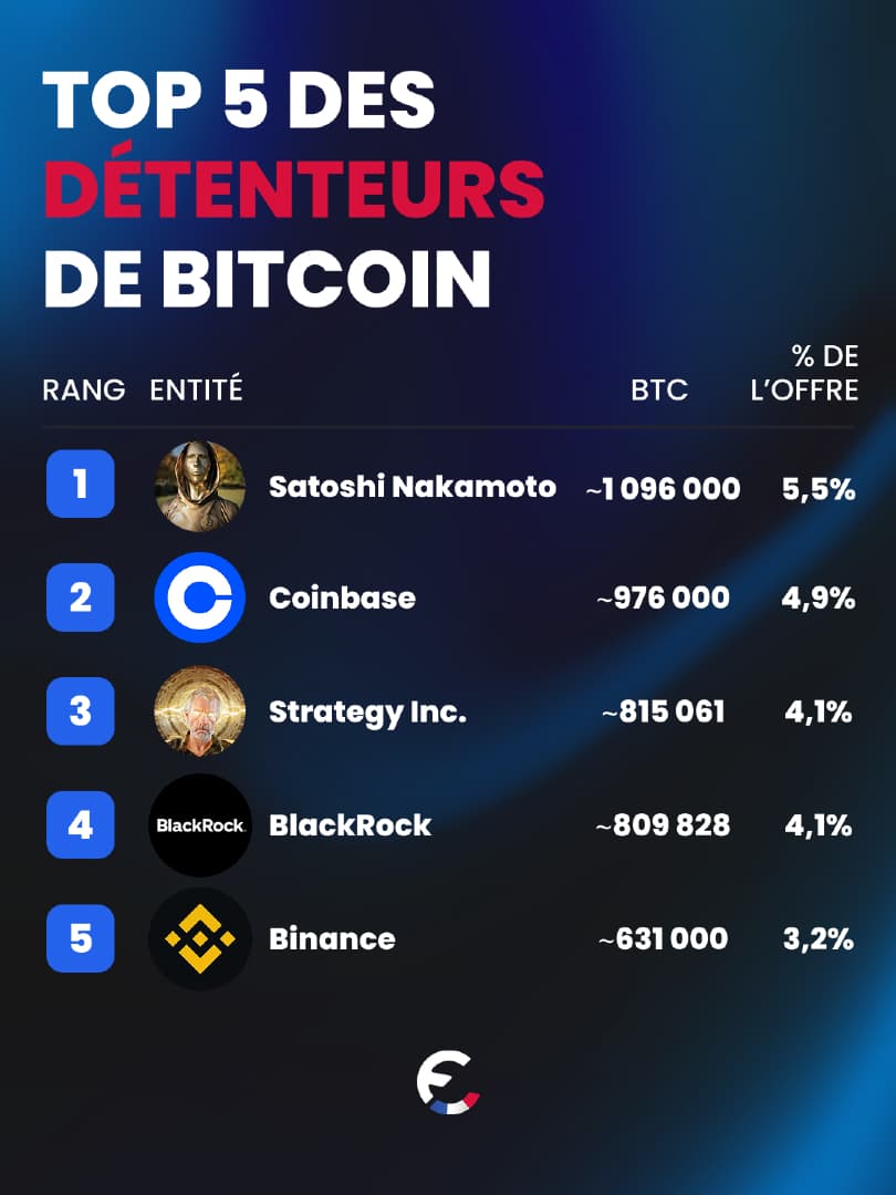 🚨 5 entités contrôlent près de 22 % de tout le Bitcoin en circulation...
