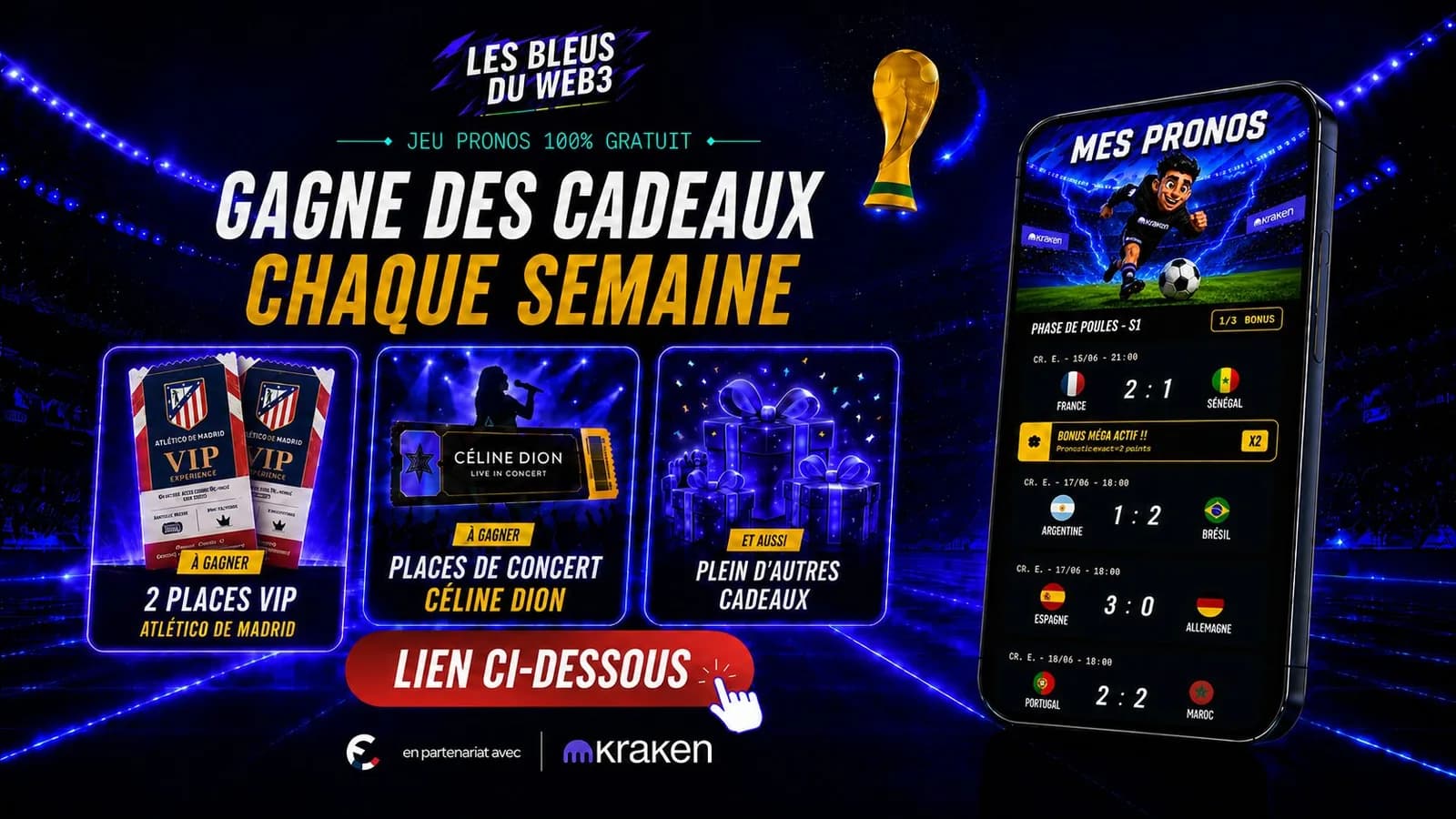 Jeu de pronos Les Bleus du Web3 : 2 places VIP Atlético de Madrid à gagner avec Kraken du 4 au 14 juillet