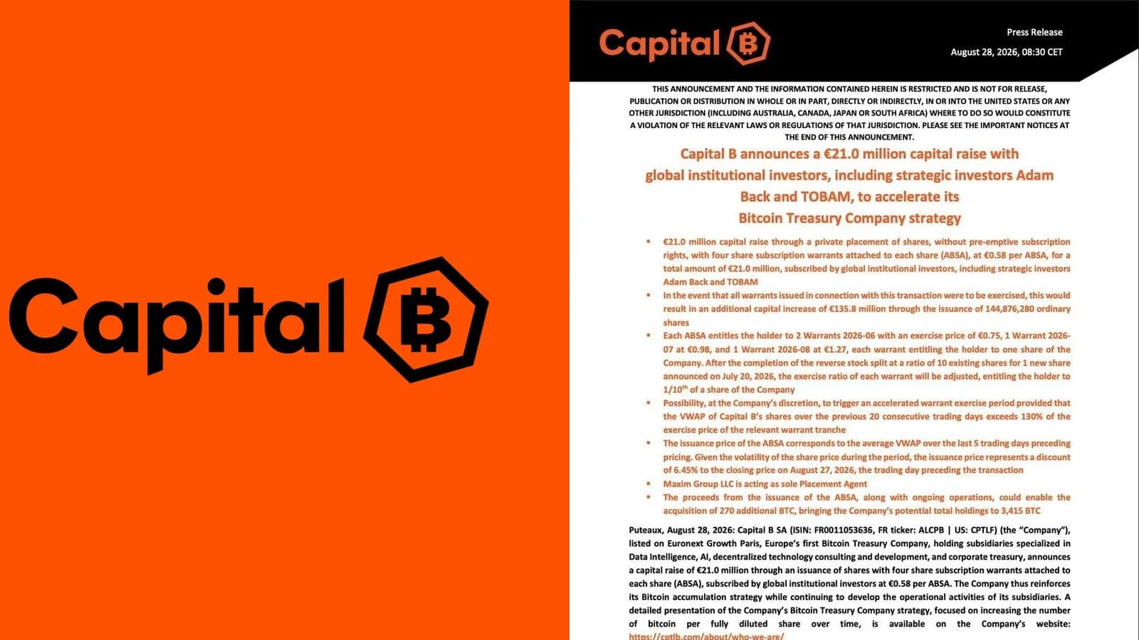 Capital B lève 23 millions de dollars pour acheter du bitcoin, avec Adam Back et TOBAM au tour de table